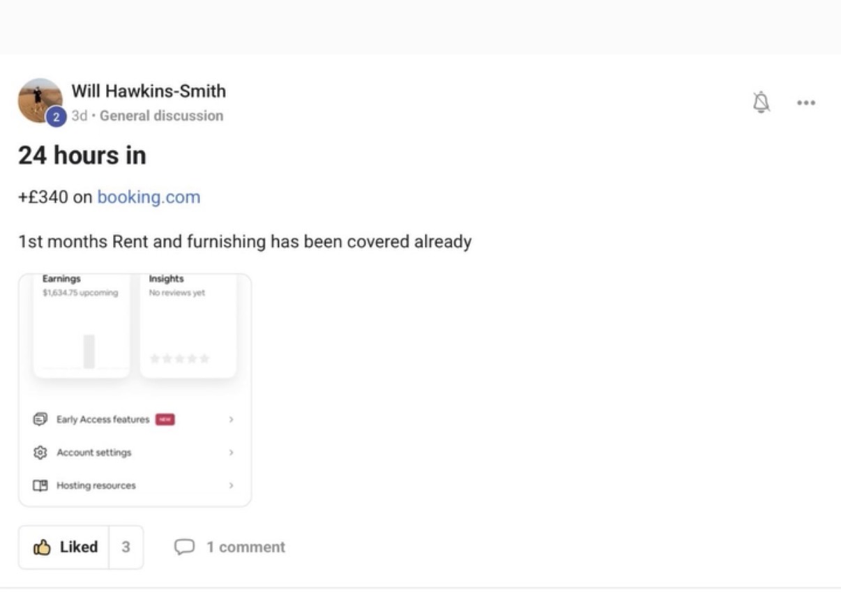 Post: +£340 on booking.com in 24 hours, 1st month rent and furnishing covered