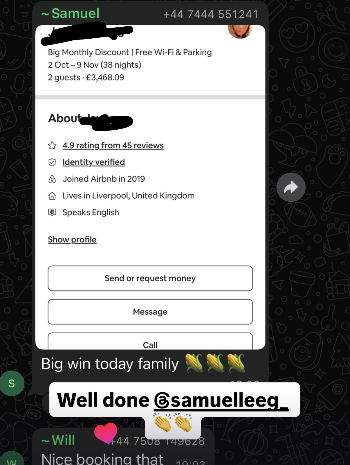 WhatsApp screenshot: 38-night Airbnb booking worth £3,468.09