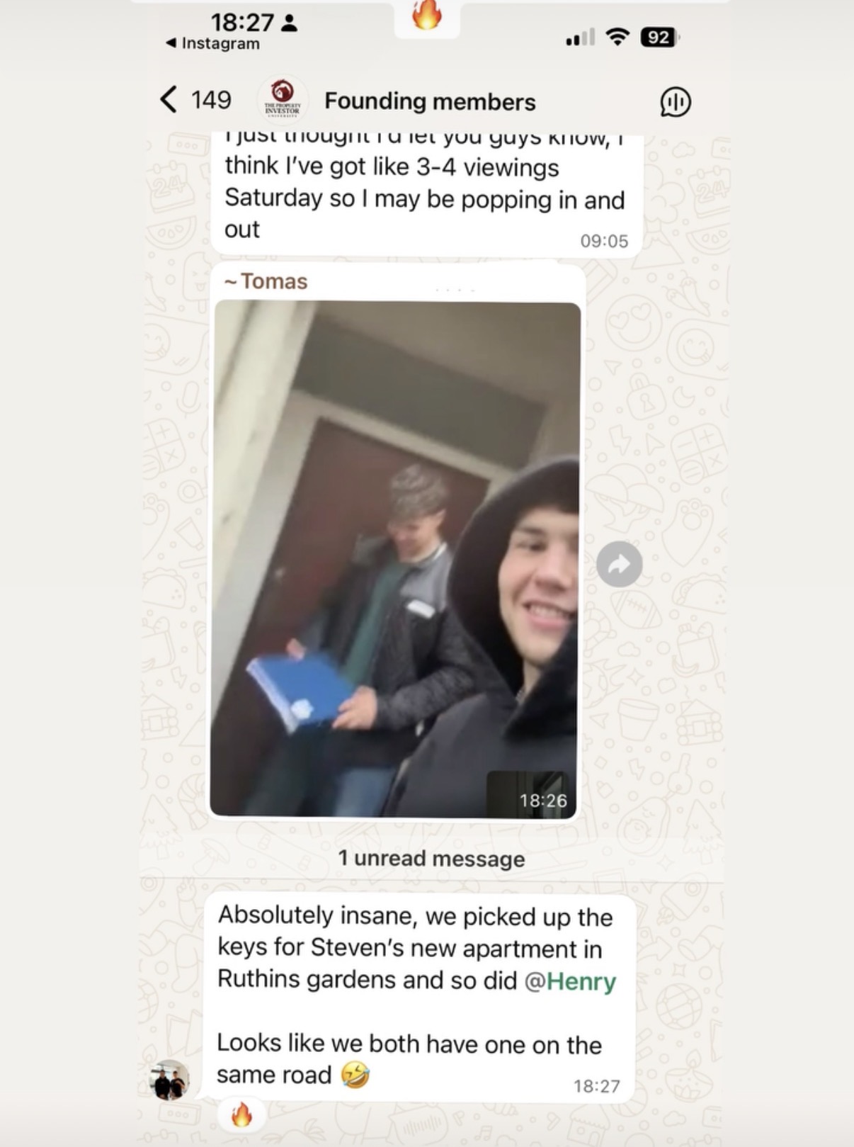 WhatsApp screenshot: two members picking up keys on the same road
