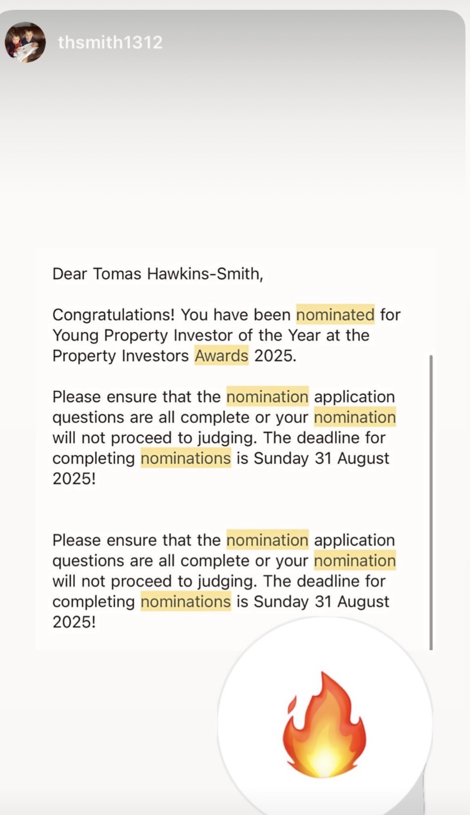 Instagram story: nominated for Young Property Investor of the Year 2025