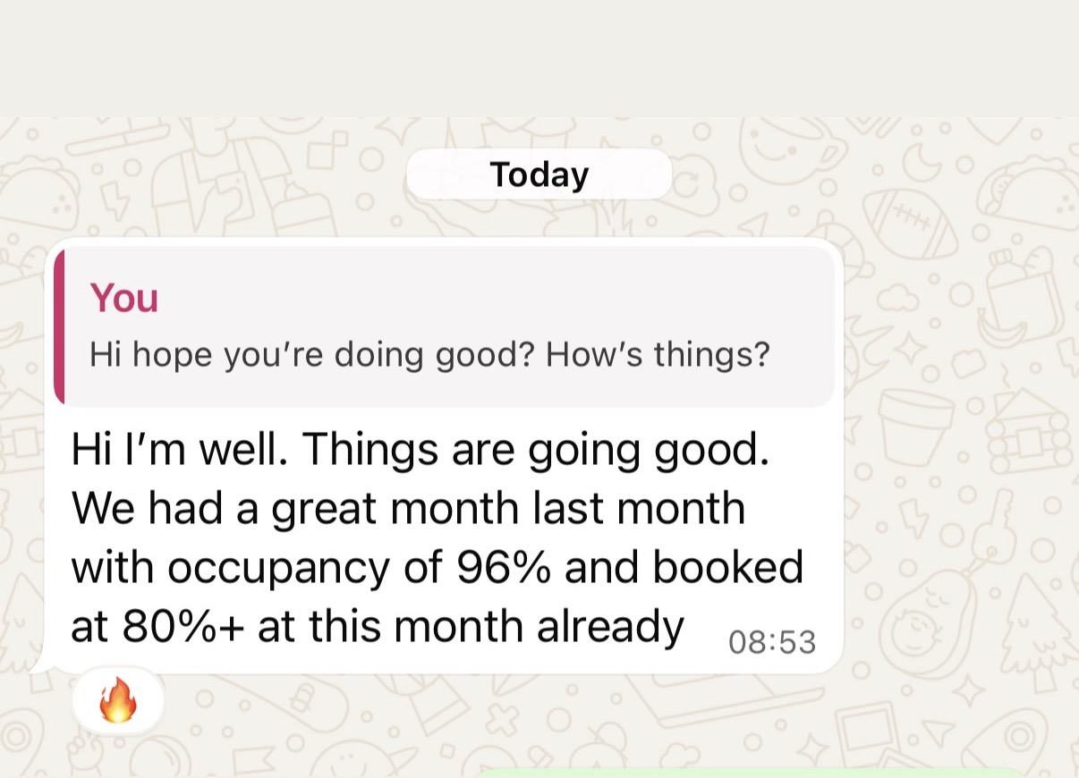 WhatsApp screenshot: 96% occupancy last month, 80%+ booked this month