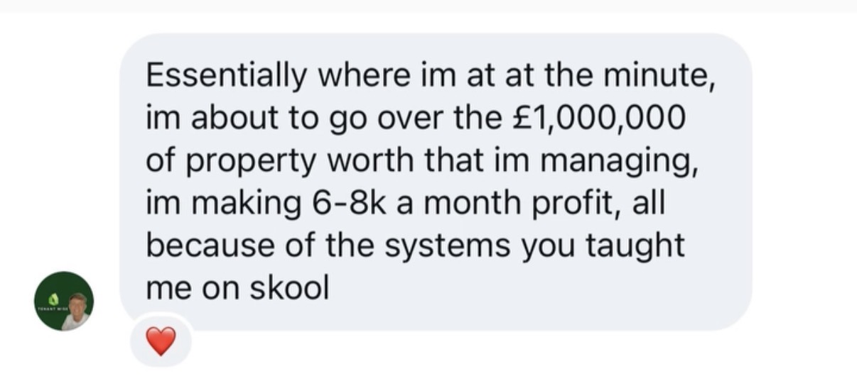Messenger screenshot: managing over £1,000,000 of property, making £6-8k/m profit
